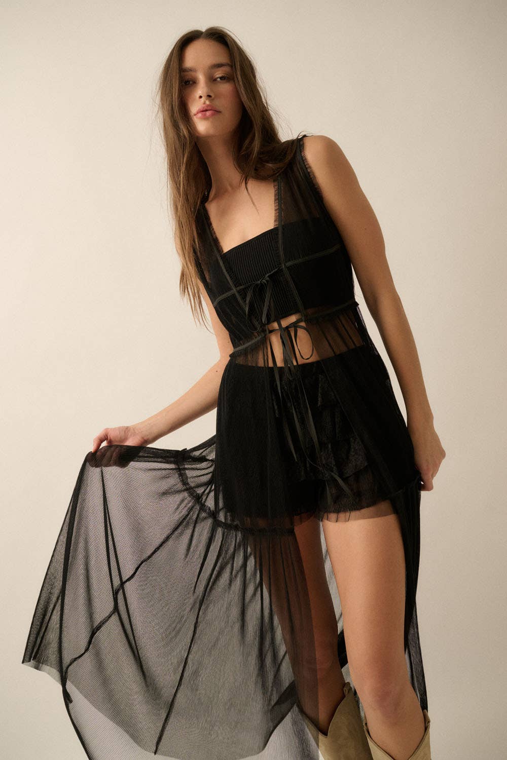 Beth Sheer Tulle Ruffled Tie-Front Layering Maxi Top