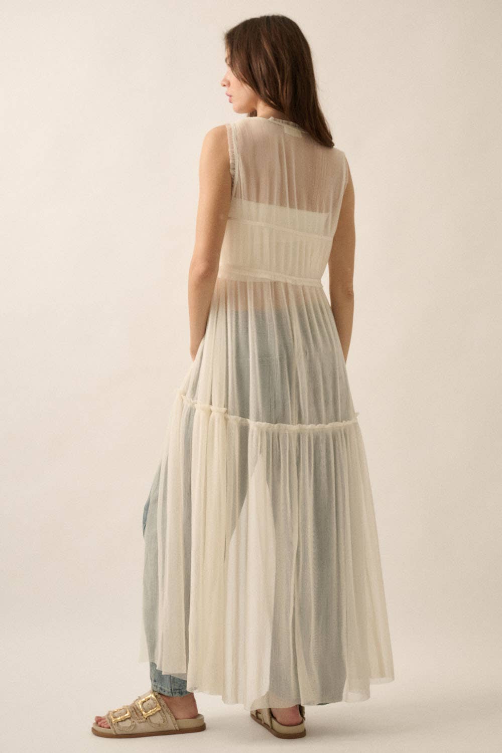 Beth Sheer Tulle Ruffled Tie-Front Layering Maxi Top