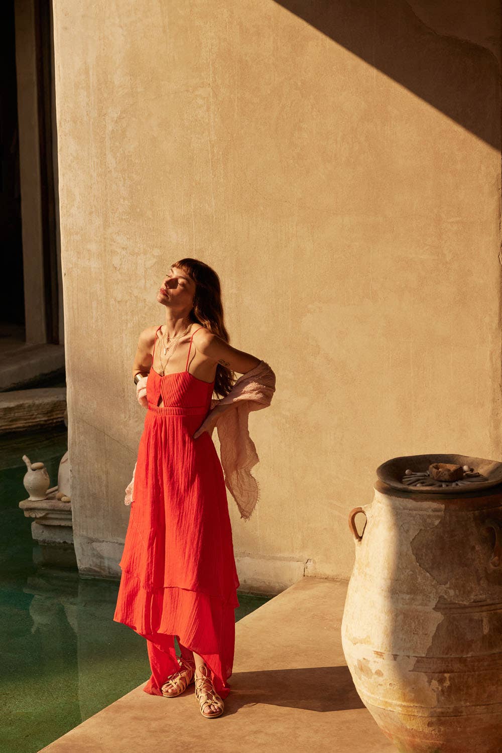 Janet - Pleated Keyhole-Bodice Layered Gauze Maxi Dress