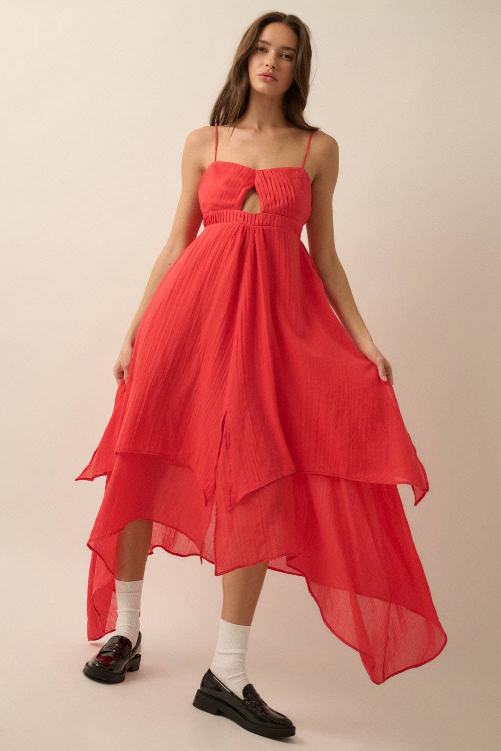 Janet - Pleated Keyhole-Bodice Layered Gauze Maxi Dress