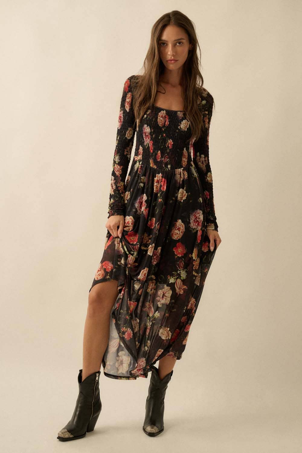 Lydia - Floral-Print Mesh Smocked Long-Sleeve Maxi Dress