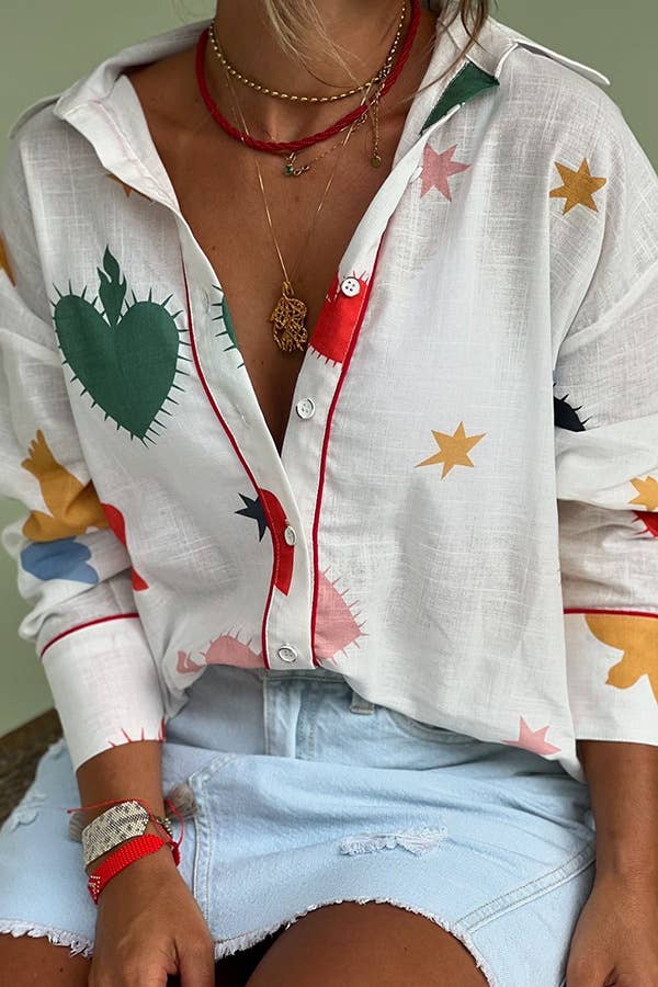 Sunny Print Button Long Sleeve Loose Blouse Rosa