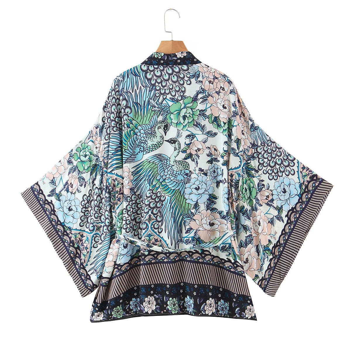Vivian Vibrant Boho Beach Peacock Print Tie-Waist Kimono