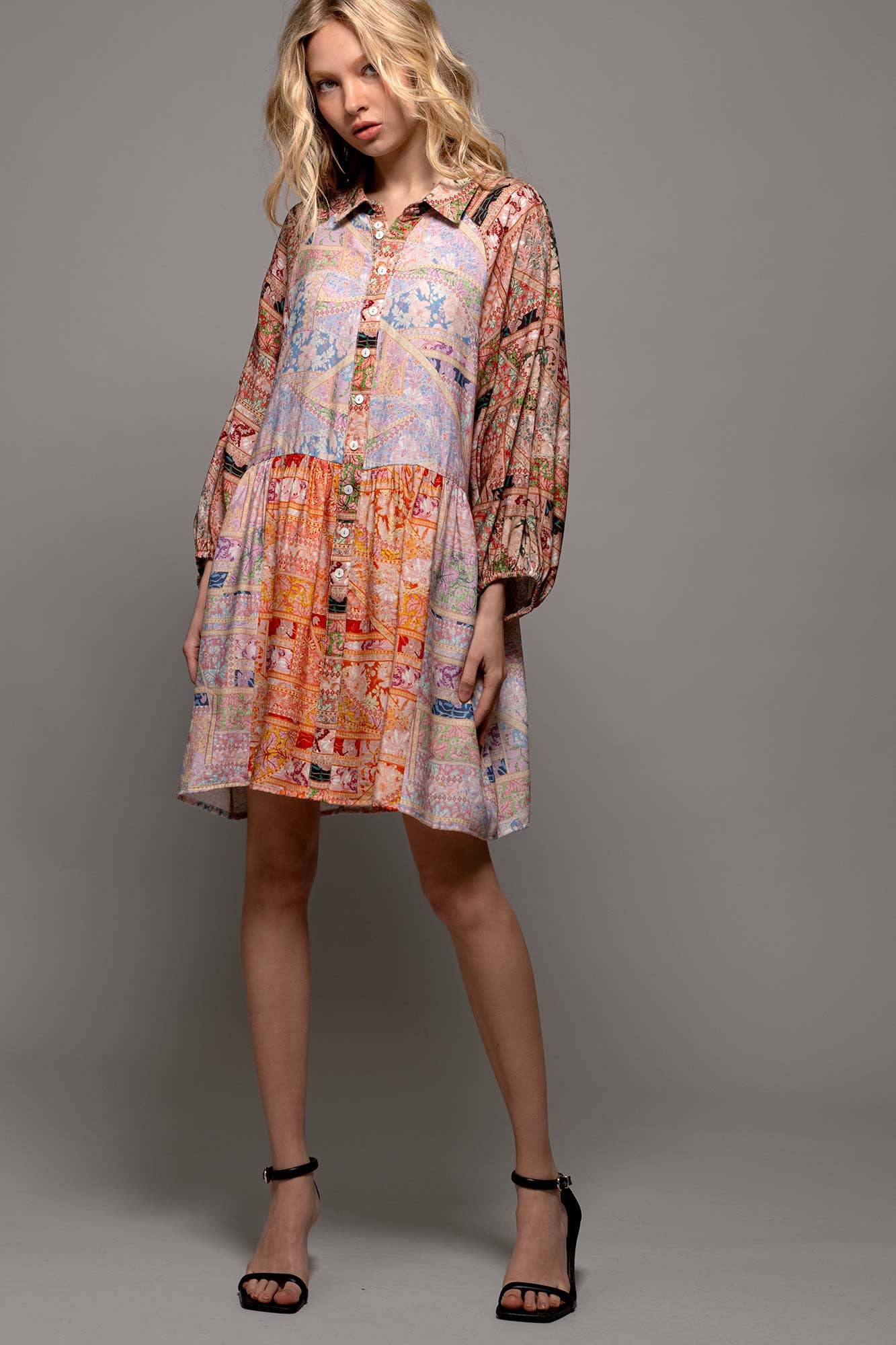 Retro Bohemian Button Down Balloon Sleeve Mini Dress