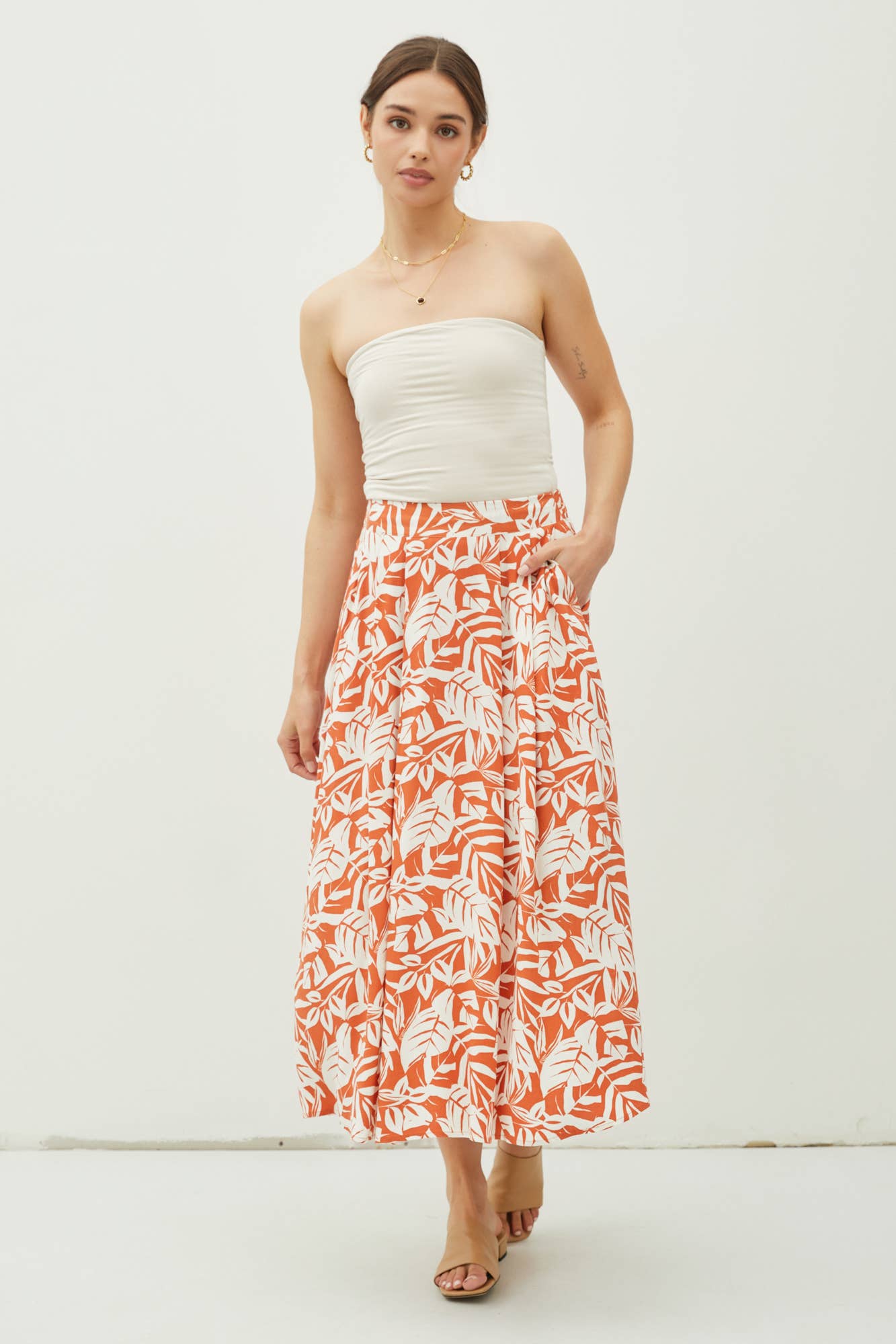 Sami - Tropical Print High Rise Pintucked Midi Skirt