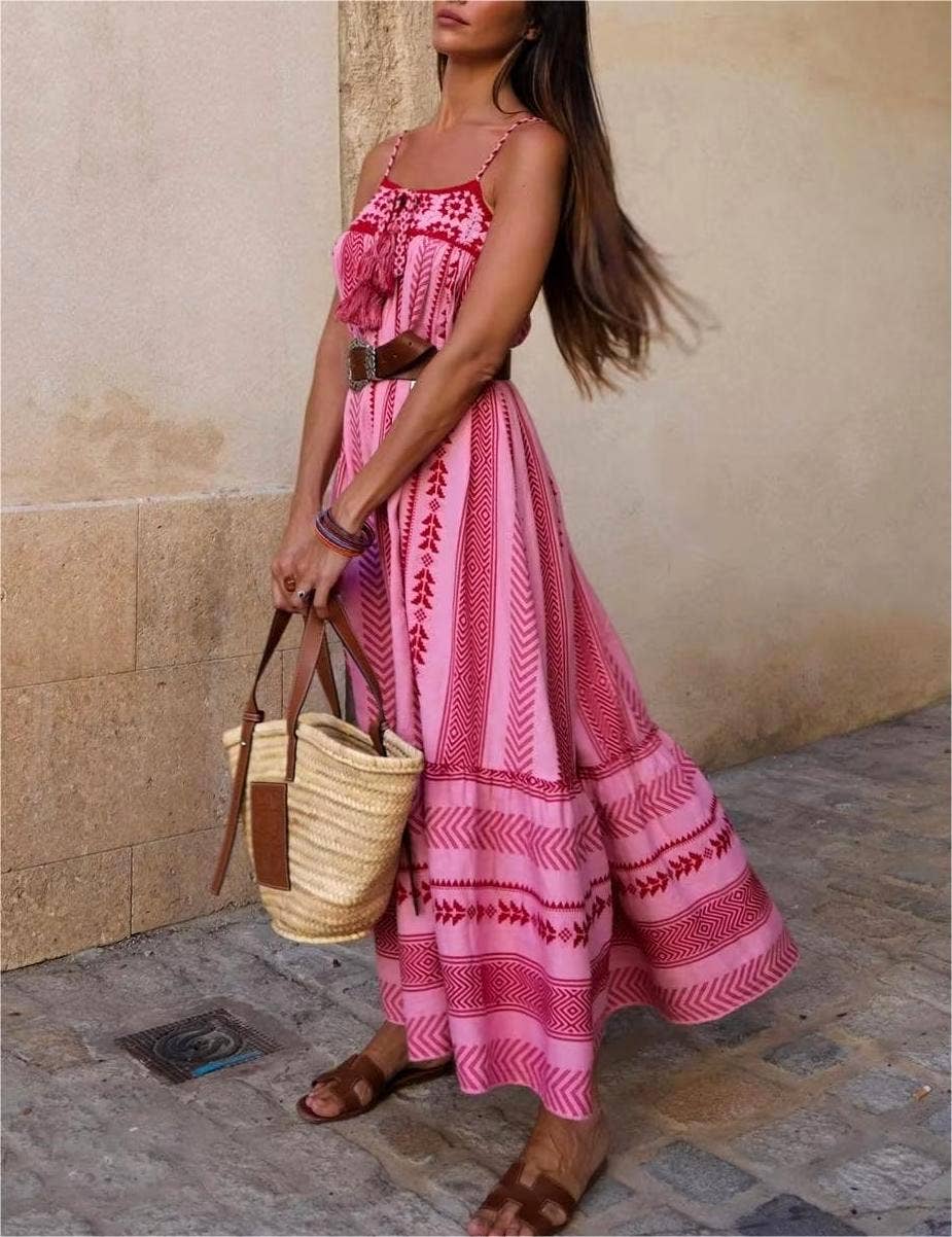 Ryla Print Crochet Slip Maxi Dress Rosa