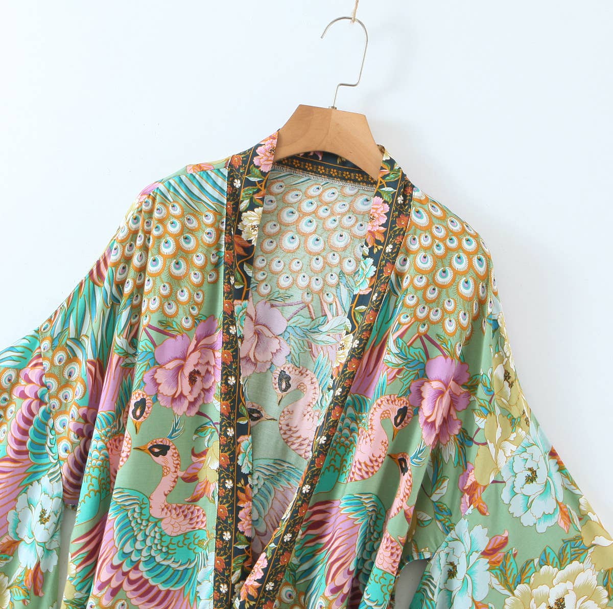 Vivian Vibrant Boho Beach Peacock Print Tie-Waist Kimono