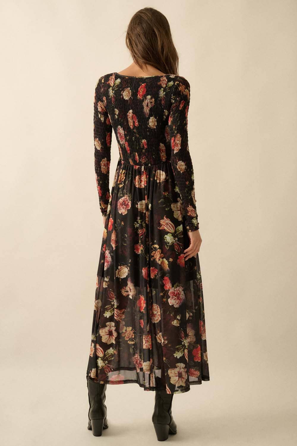Lydia - Floral-Print Mesh Smocked Long-Sleeve Maxi Dress