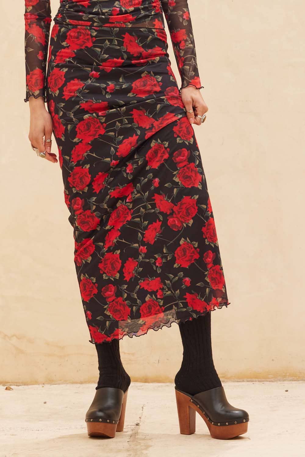 Ruby - Rose Print Mesh Straight Maxi Skirt