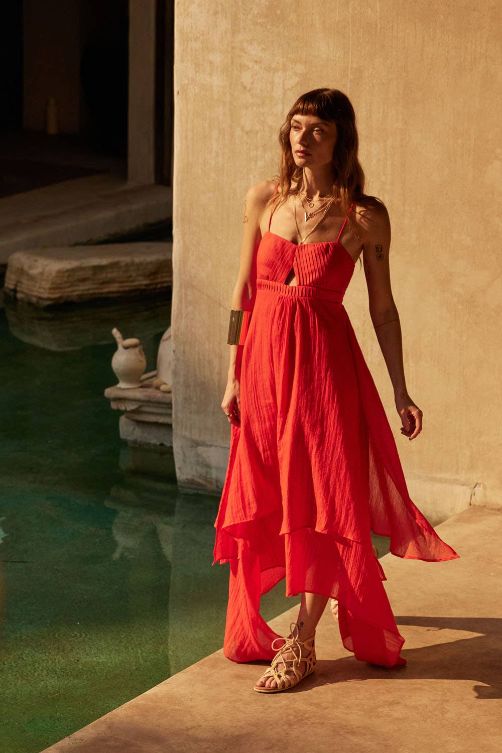 Janet - Pleated Keyhole-Bodice Layered Gauze Maxi Dress