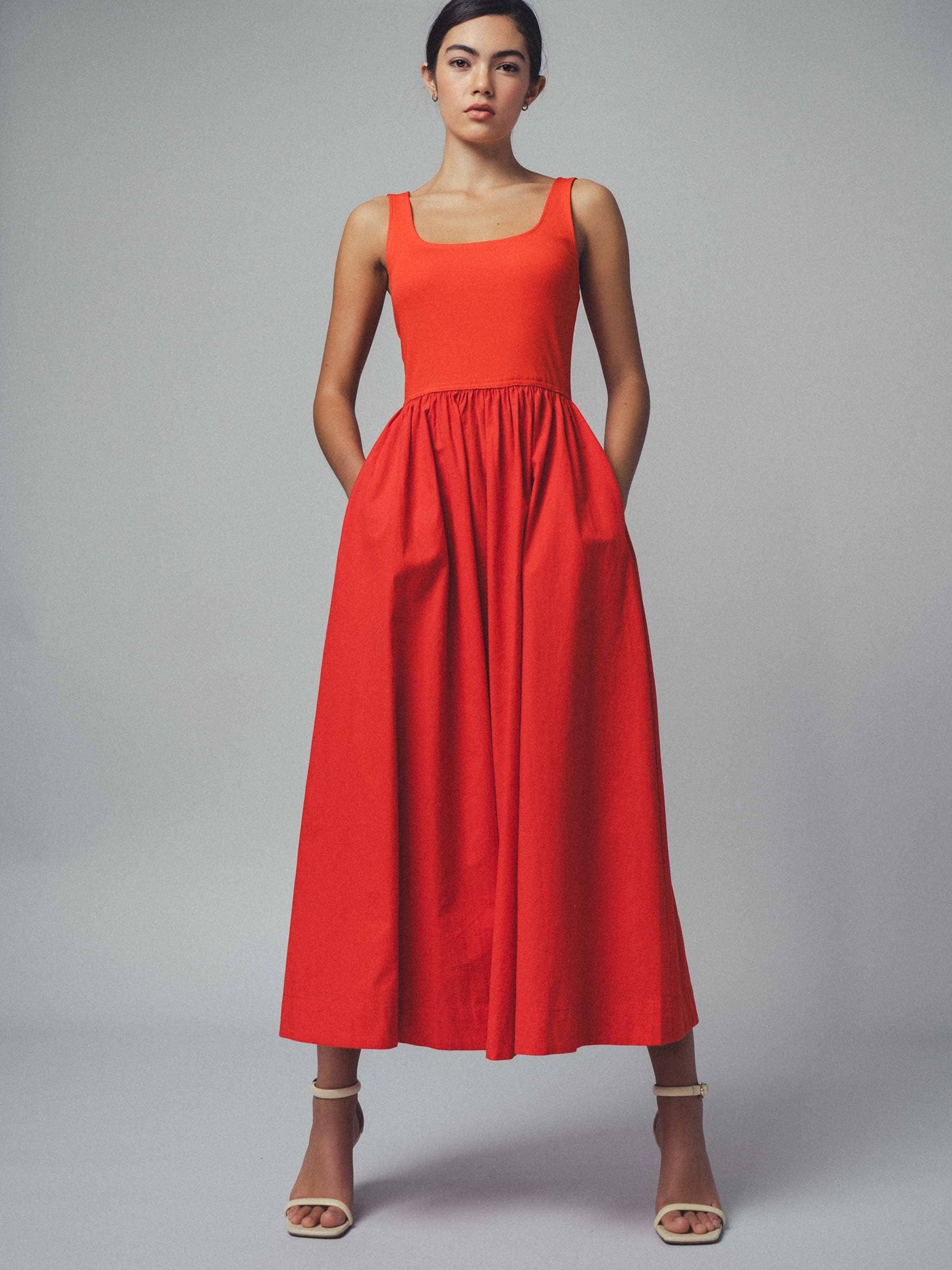 Erica - Square Neck Cotton Blend Gathered Waist Midi Dress