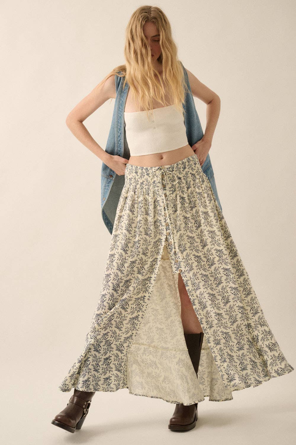Annabelle- Floral Print Crinkle Cotton Buttoned Maxi Skirt