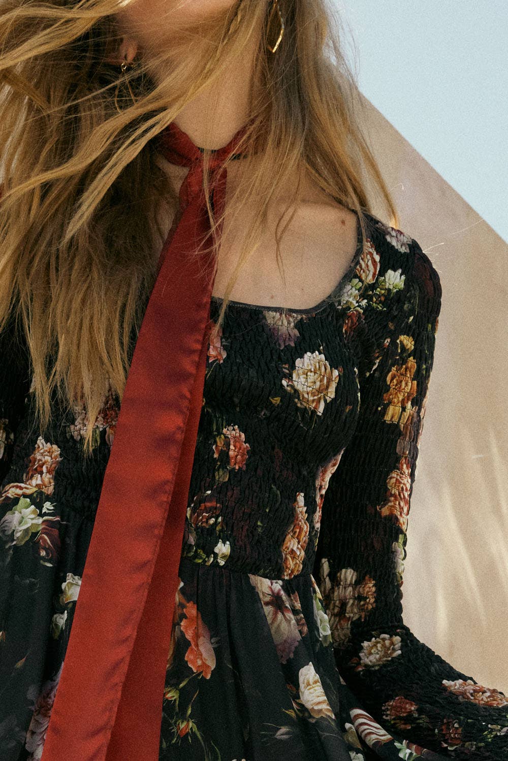 Lydia - Floral-Print Mesh Smocked Long-Sleeve Maxi Dress