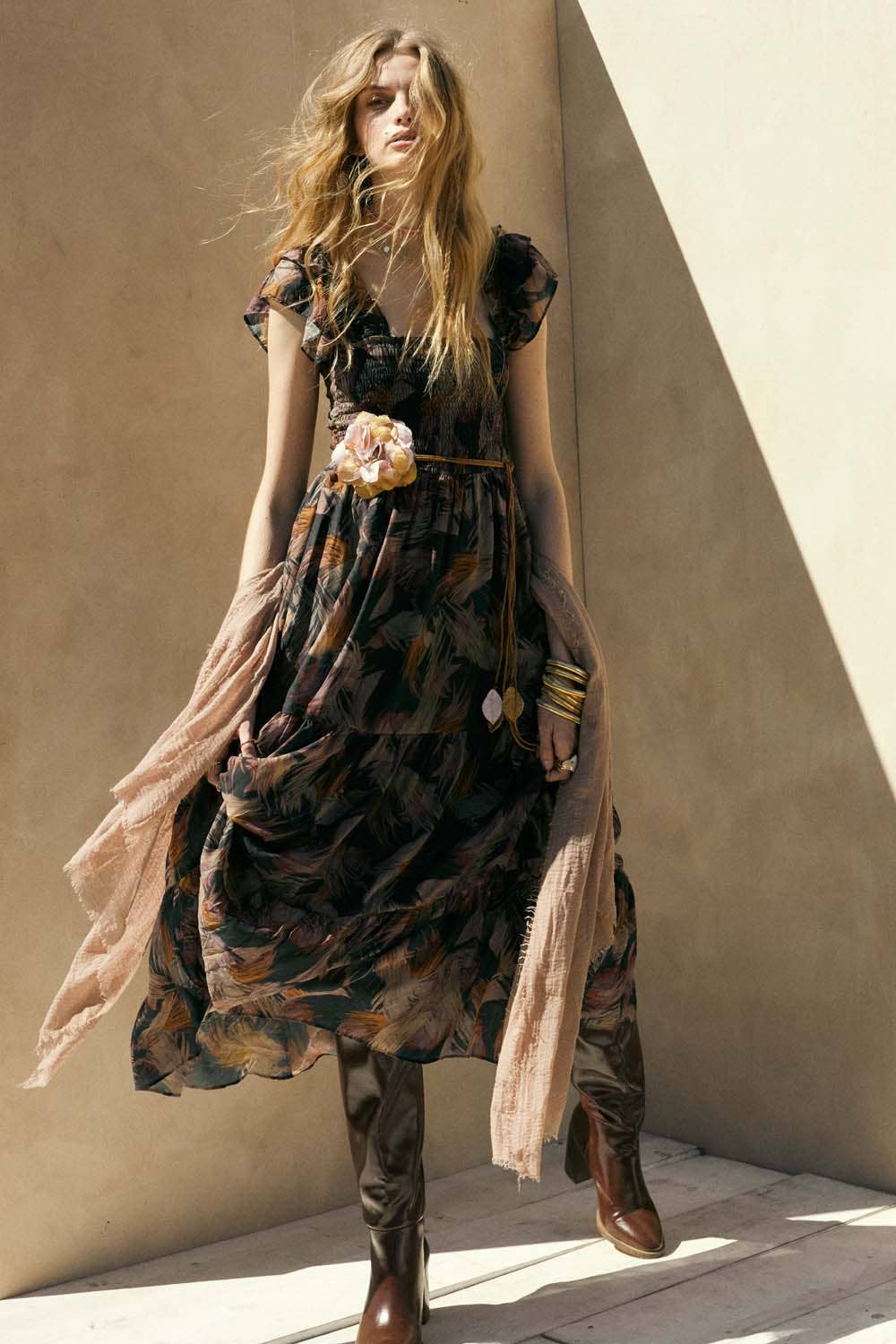 Elaine Abstract-Print Smocked Ruffle Midi Dress