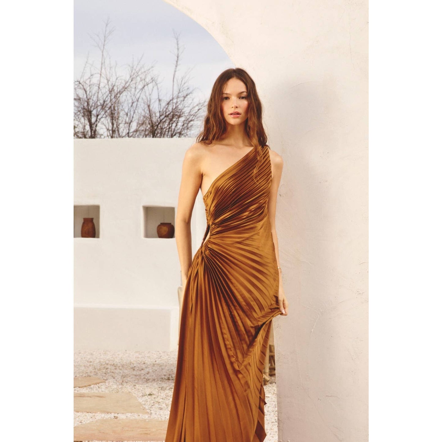 Olympia Asymmetrical Pleated Maxi Dress
