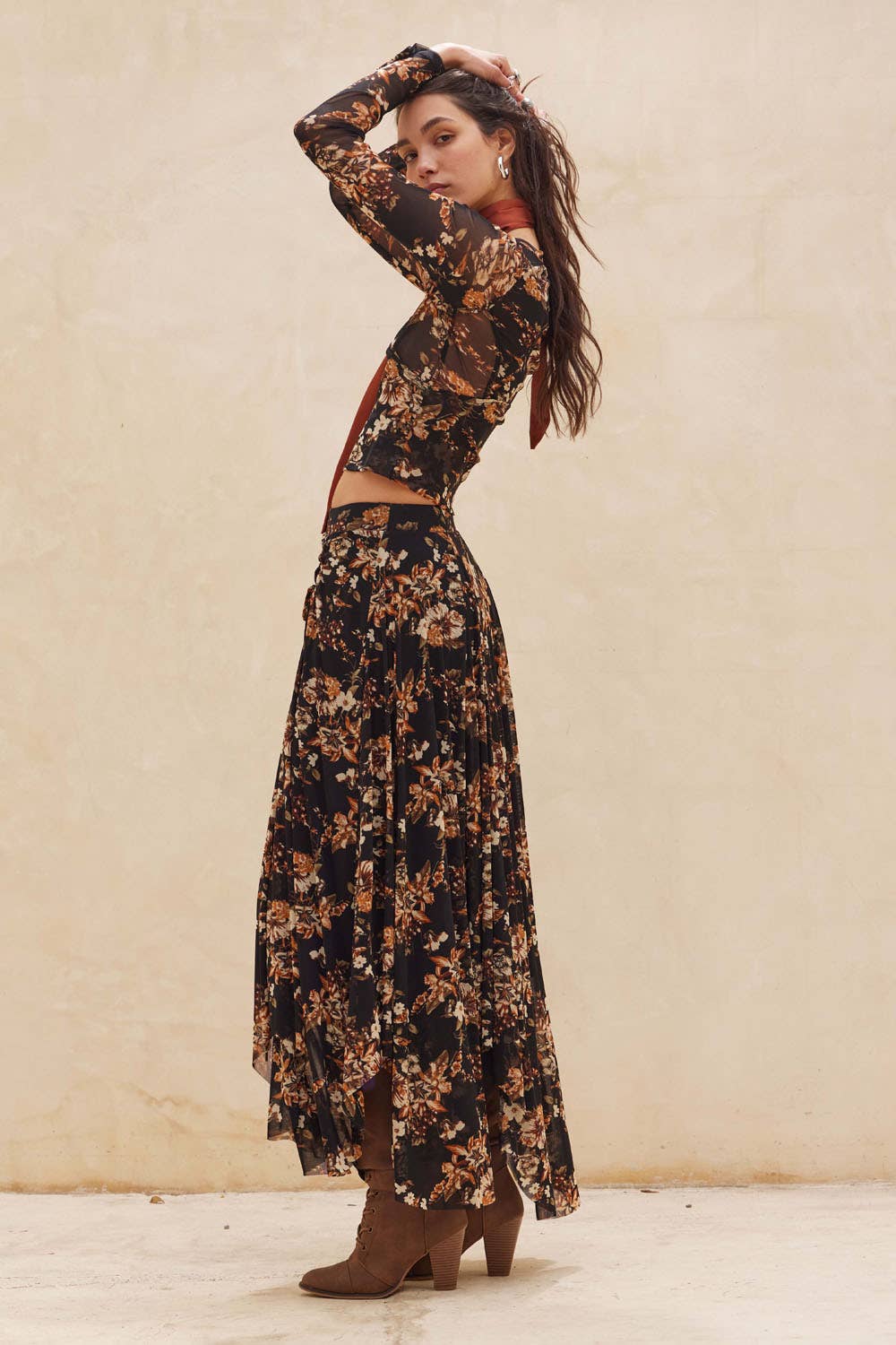 Joanna Floral-Print Mesh Ruched Handkerchief Maxi Skirt