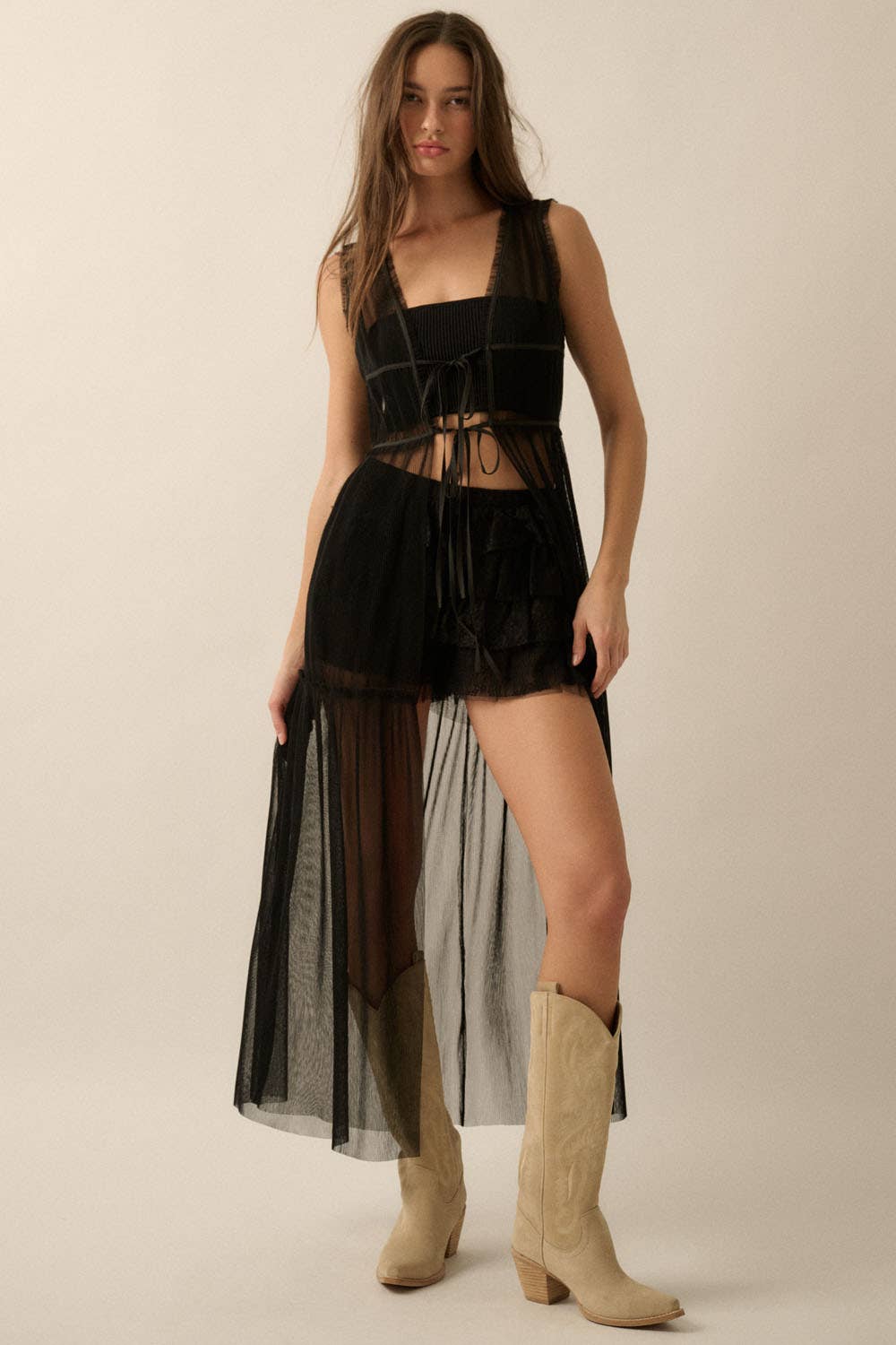 Beth Sheer Tulle Ruffled Tie-Front Layering Maxi Top