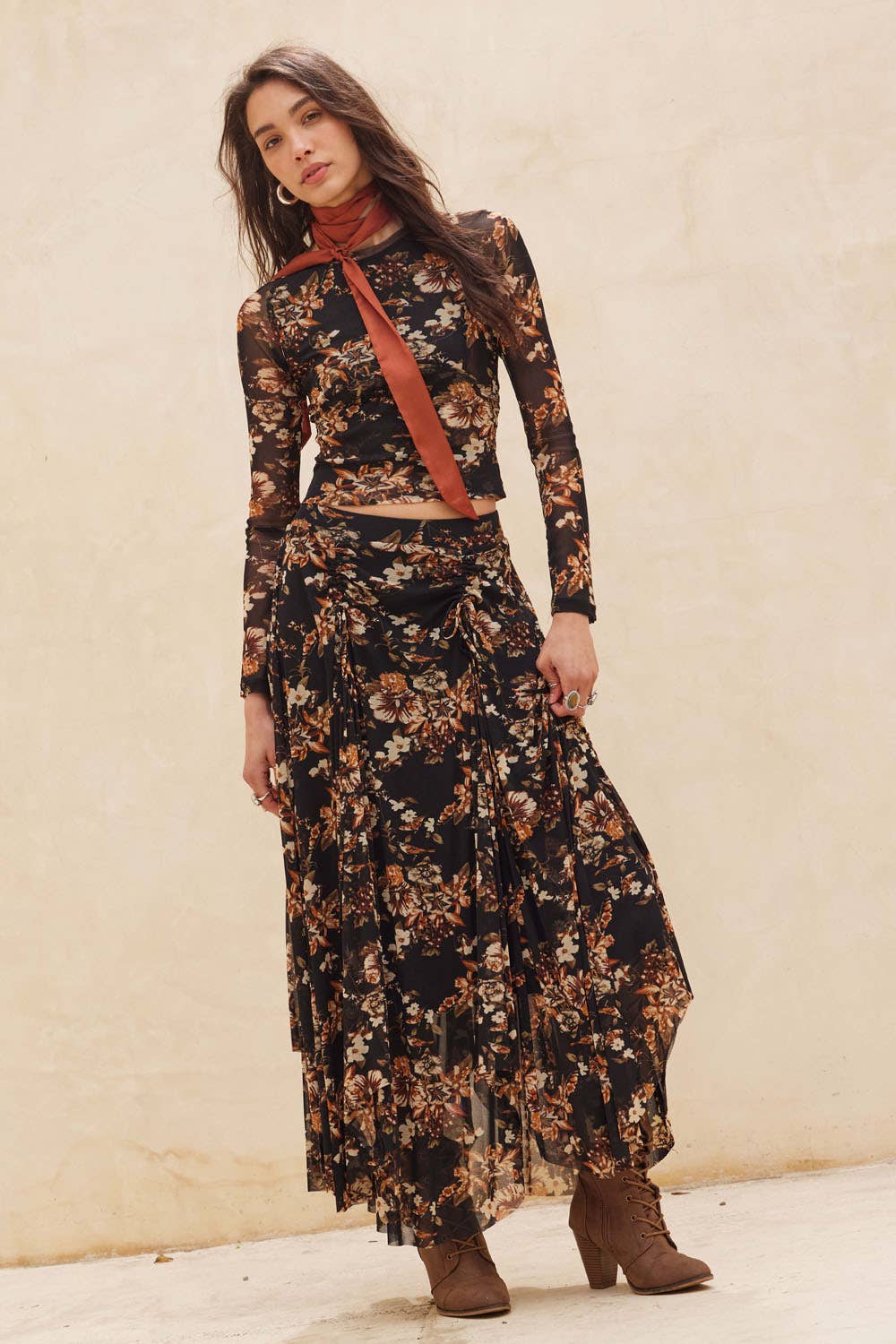Joanna Floral-Print Mesh Ruched Handkerchief Maxi Skirt