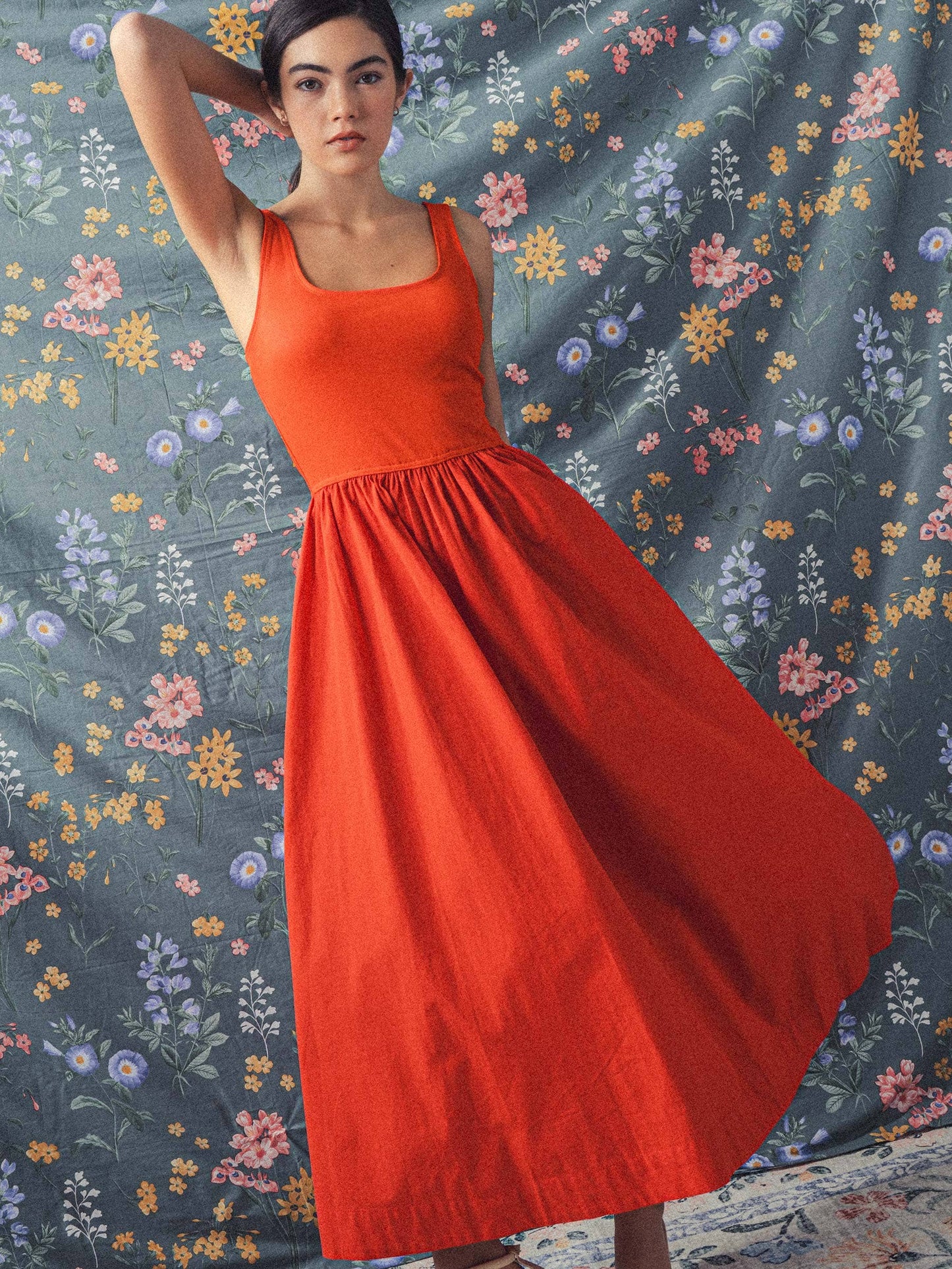 Erica - Square Neck Cotton Blend Gathered Waist Midi Dress