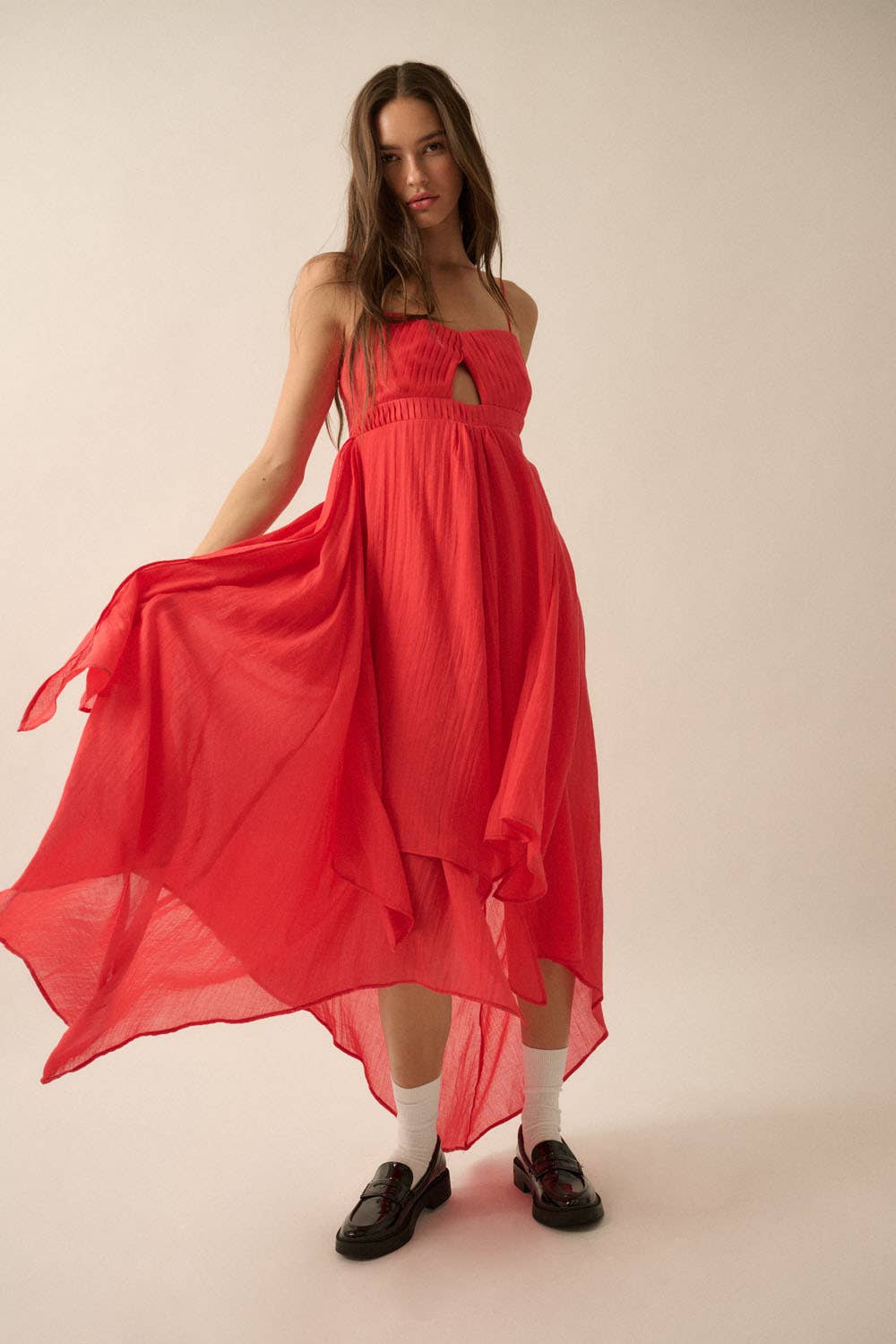 Janet - Pleated Keyhole-Bodice Layered Gauze Maxi Dress
