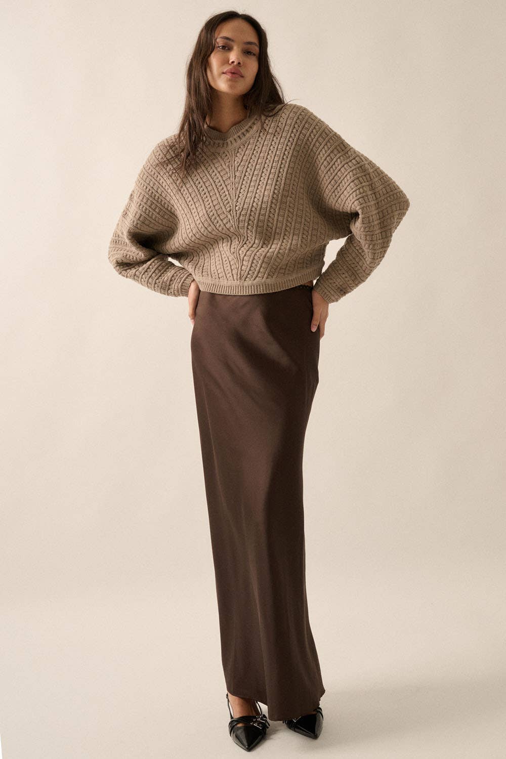 Iris - Solid Cable Knit Dolman-Sleeve Sweater