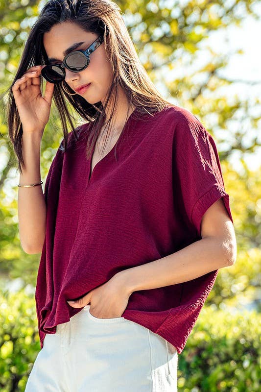 Olivia V-Neck Folded Short Sleeve Top-GD