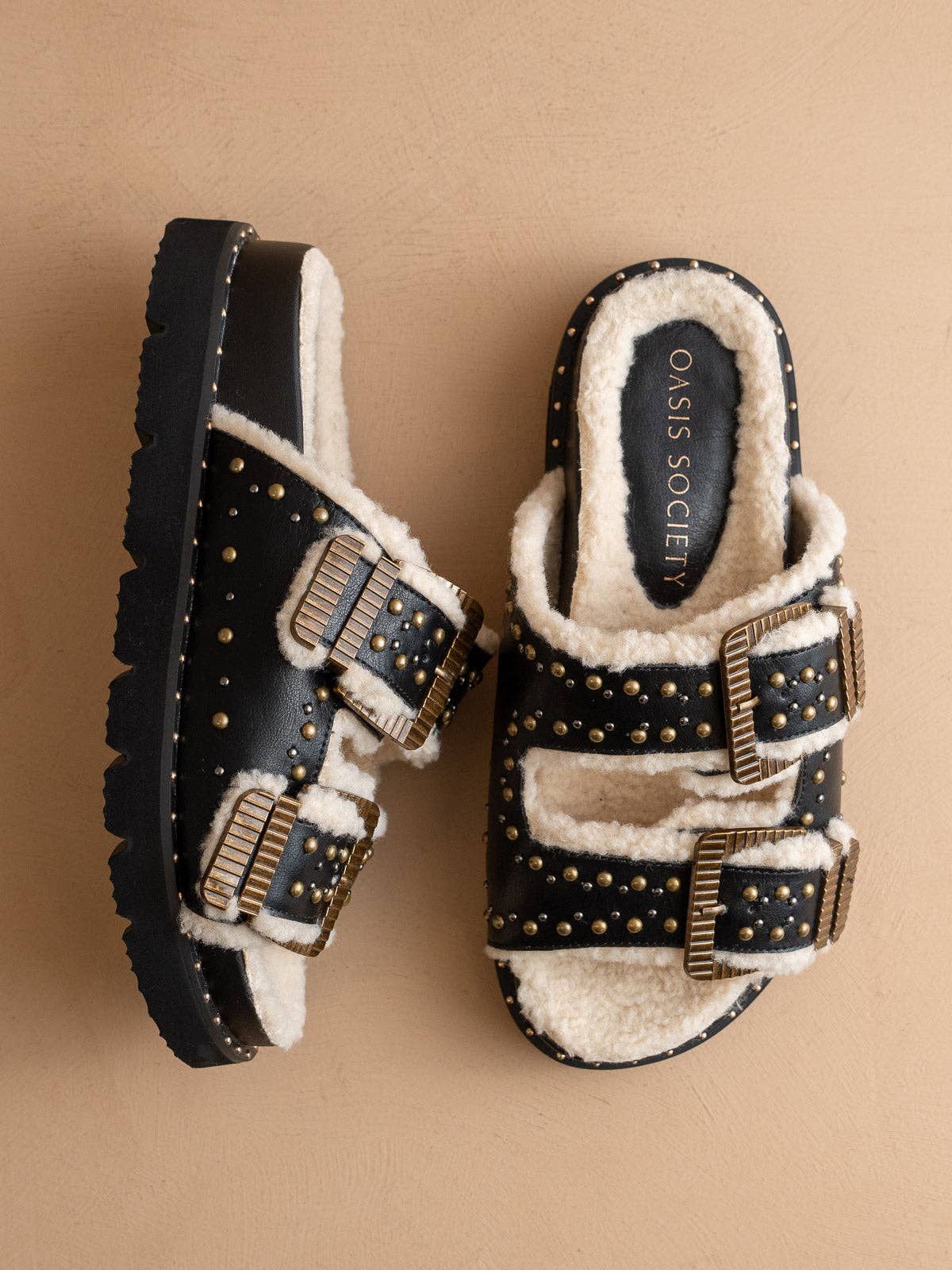 The Gaylen Black Studded Buckle Fleece-Lined Slide