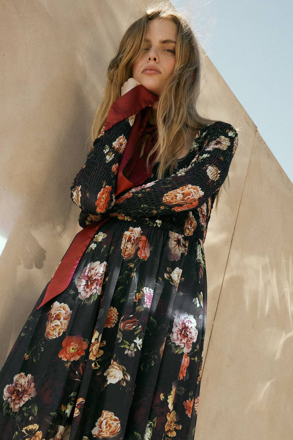 Lydia - Floral-Print Mesh Smocked Long-Sleeve Maxi Dress