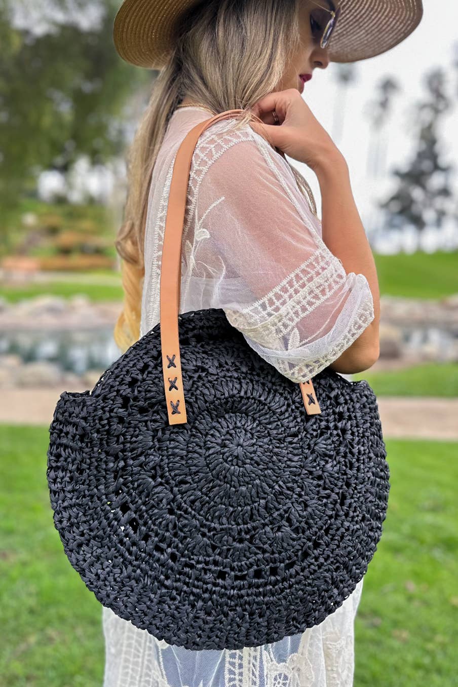 Natural Straw Summer Beach Tote Bag - Black