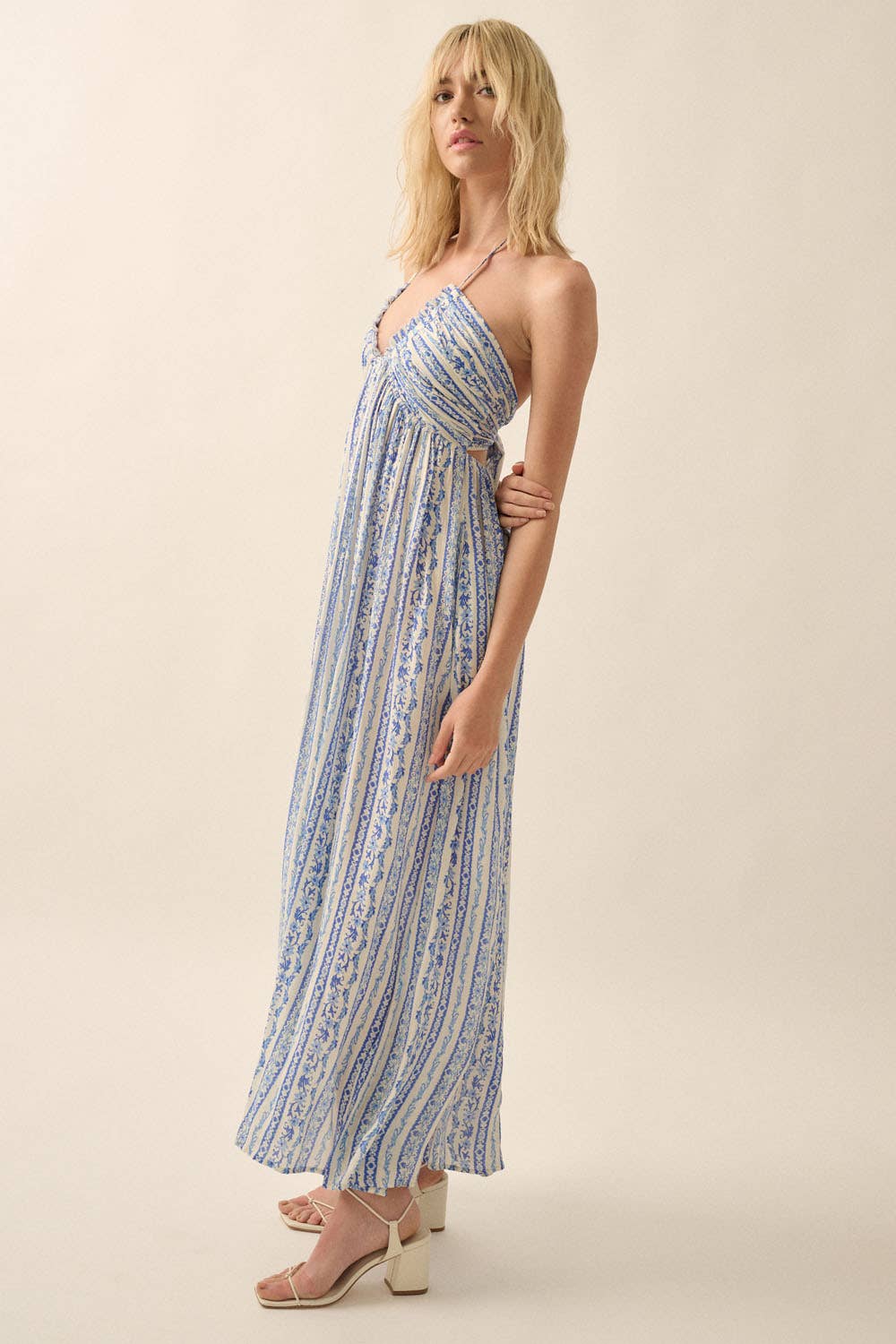 Gigi Floral-Stripe Tie-Back Maxi Halter Dress
