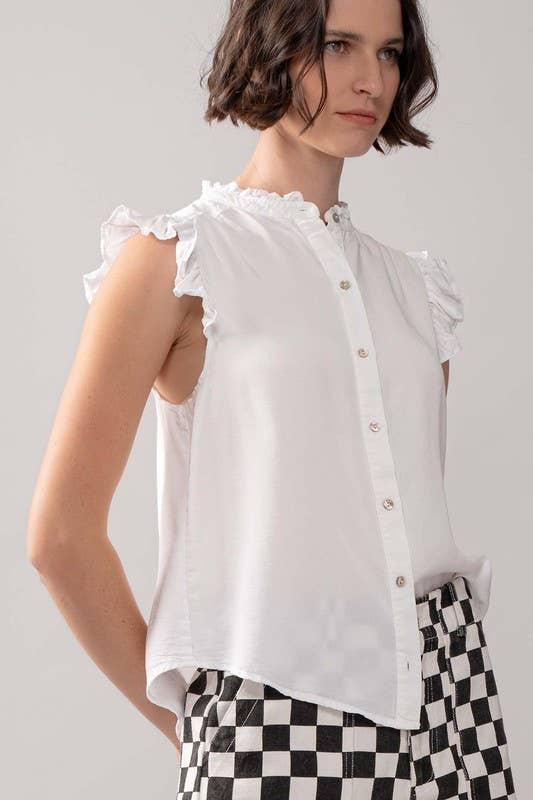 Felicia - Flutter Sleeve Pearl Button Ruffle Trim Tencel Denim Top