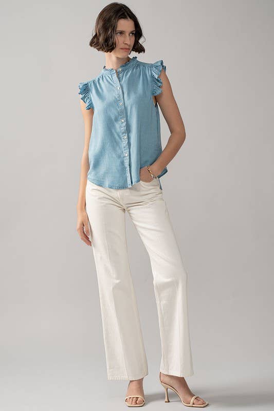 Felicia - Flutter Sleeve Pearl Button Ruffle Trim Tencel Denim Top