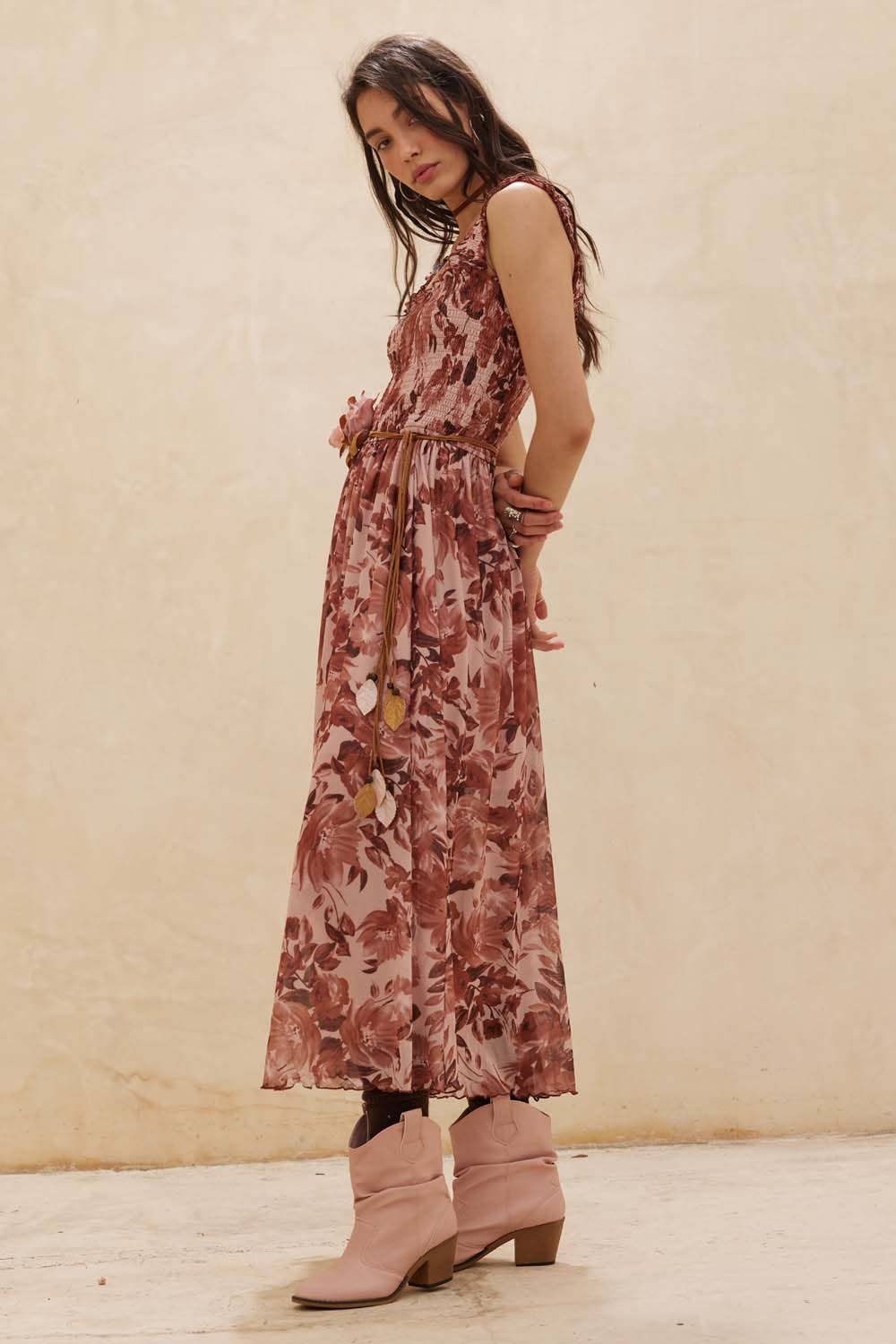 Caroline Floral Mesh Fit-and-Flare Smocked Midi Dress