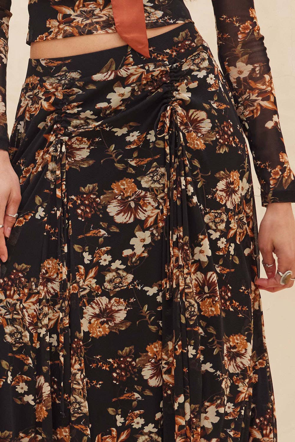 Joanna Floral-Print Mesh Ruched Handkerchief Maxi Skirt