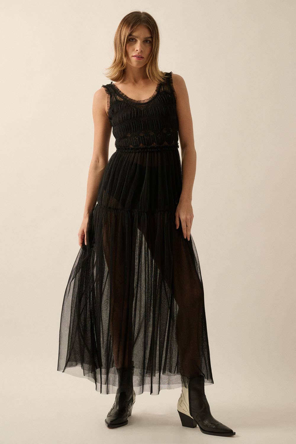 Jill Scoop-Neck Smocked-Bodice Organza Dress
