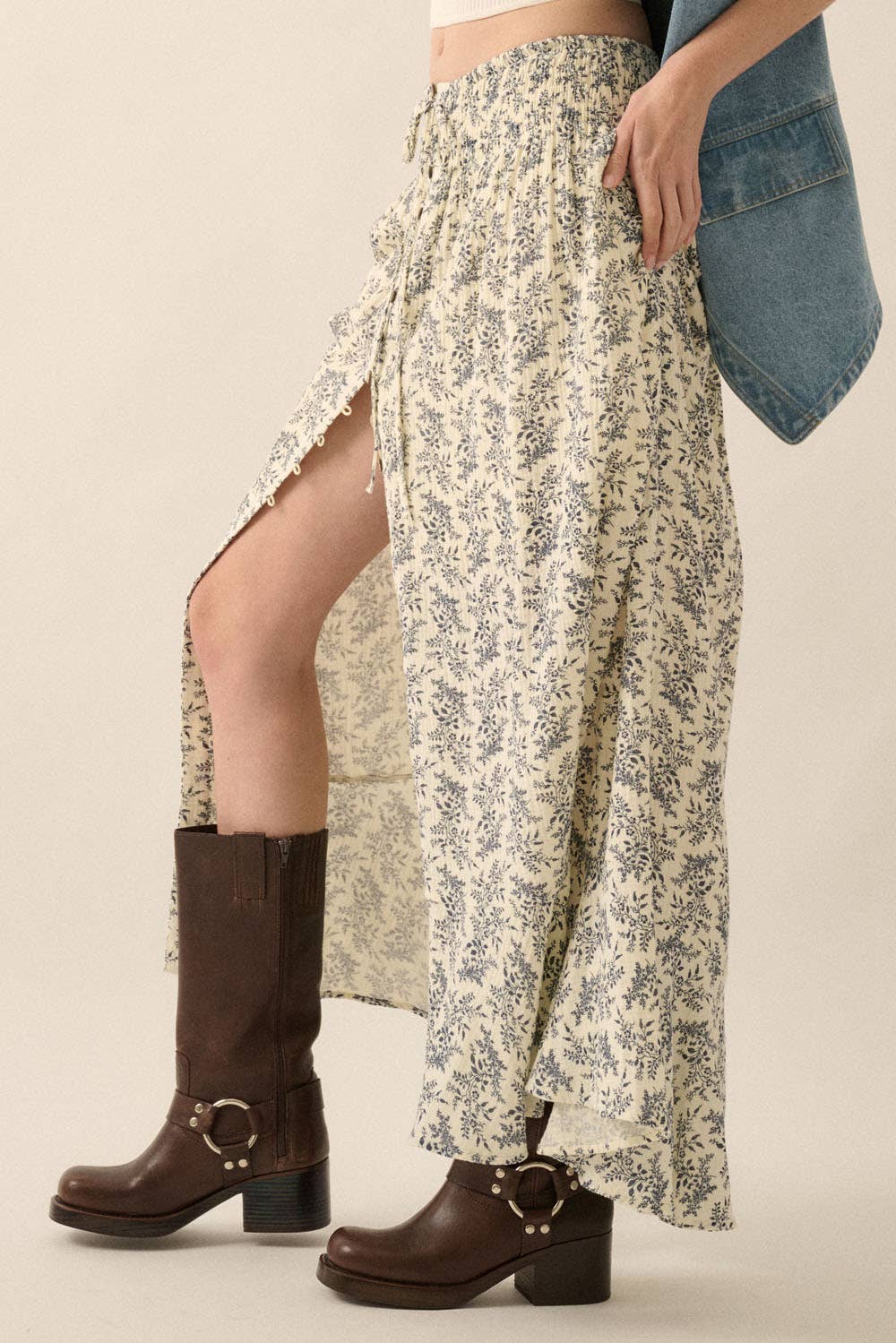 Annabelle- Floral Print Crinkle Cotton Buttoned Maxi Skirt
