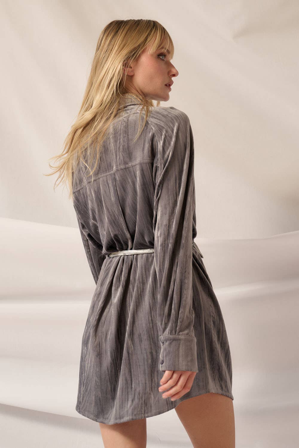 Maizy - Metallic Crinkle Velvet Button-Up Mini Shirt Dress