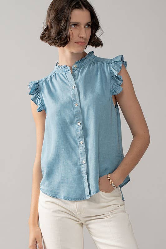 Felicia - Flutter Sleeve Pearl Button Ruffle Trim Tencel Denim Top
