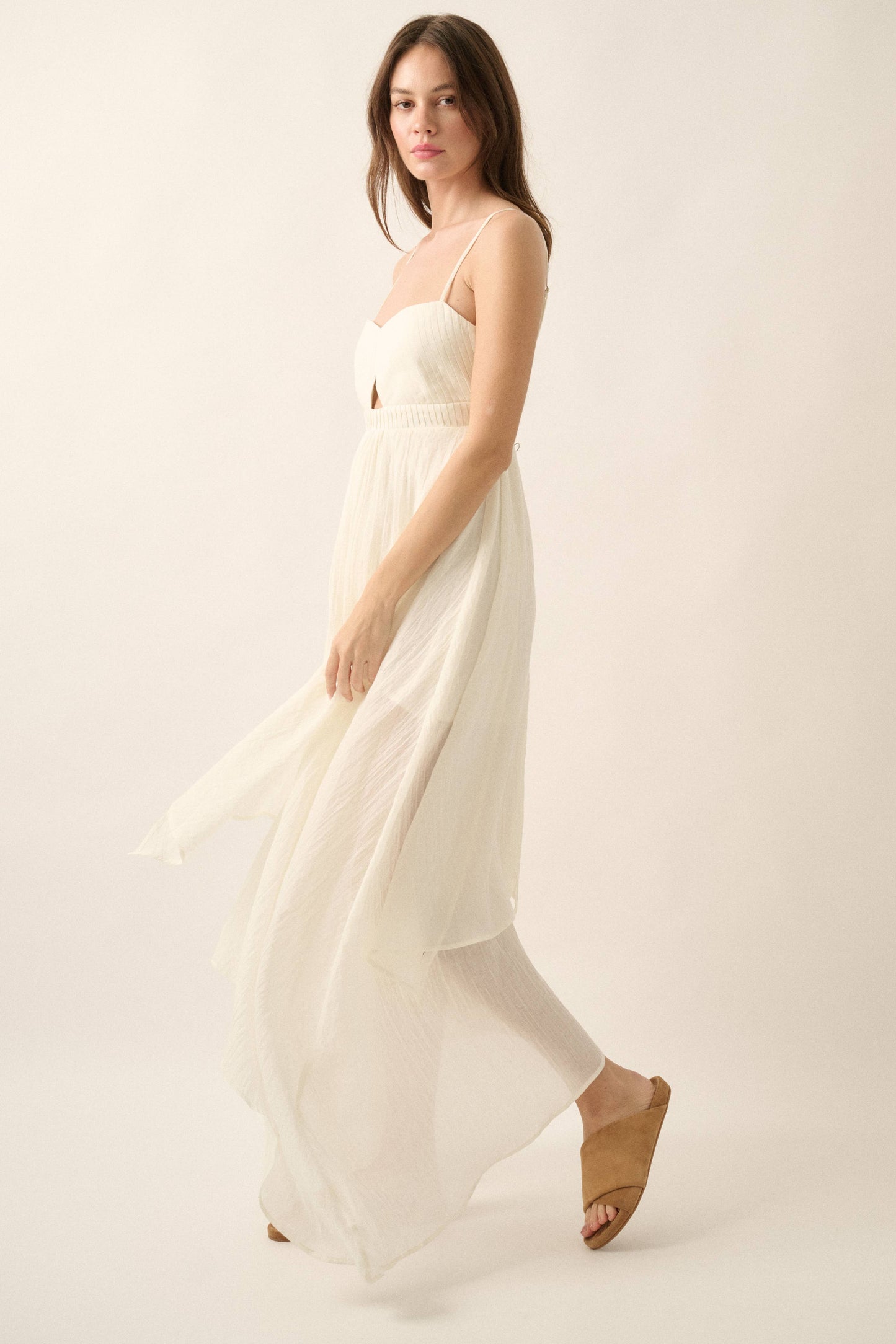 Janet - Pleated Keyhole-Bodice Layered Gauze Maxi Dress