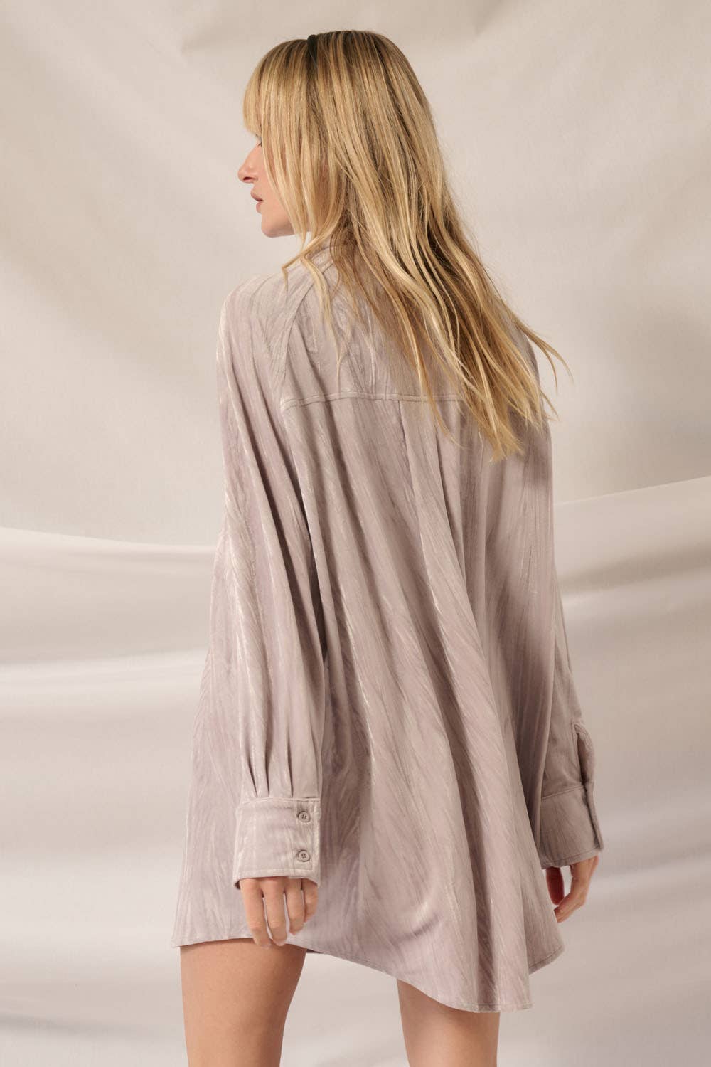 Maizy - Metallic Crinkle Velvet Button-Up Mini Shirt Dress