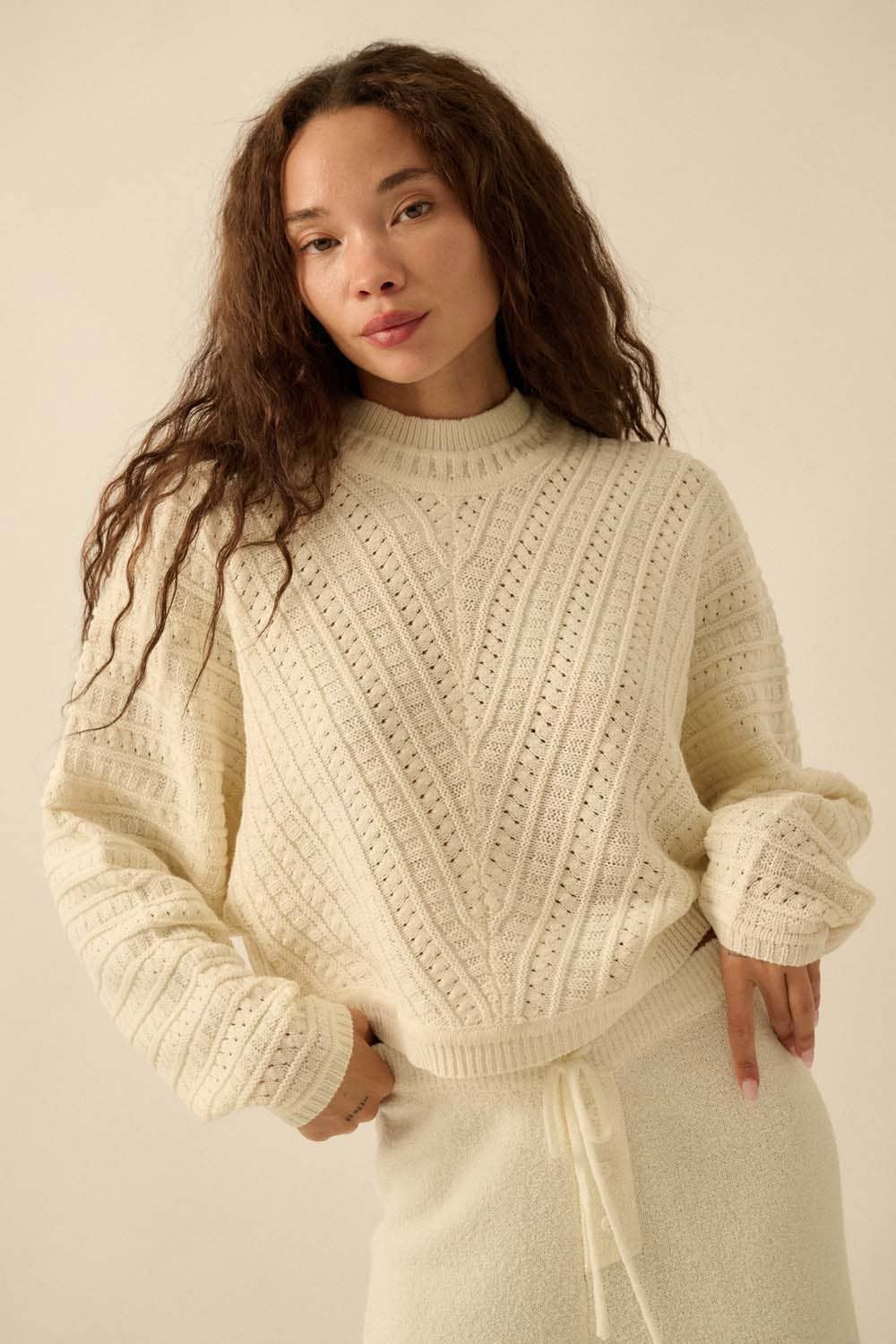 Iris - Solid Cable Knit Dolman-Sleeve Sweater