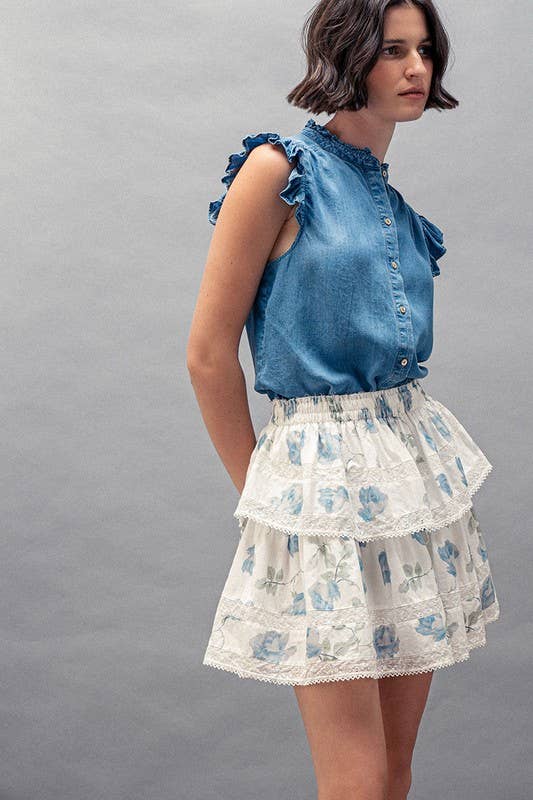 Felicia - Flutter Sleeve Pearl Button Ruffle Trim Tencel Denim Top