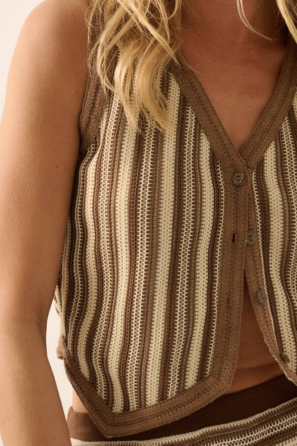 Sandra Striped Crochet-Knit Button-Front Cropped Vest Top