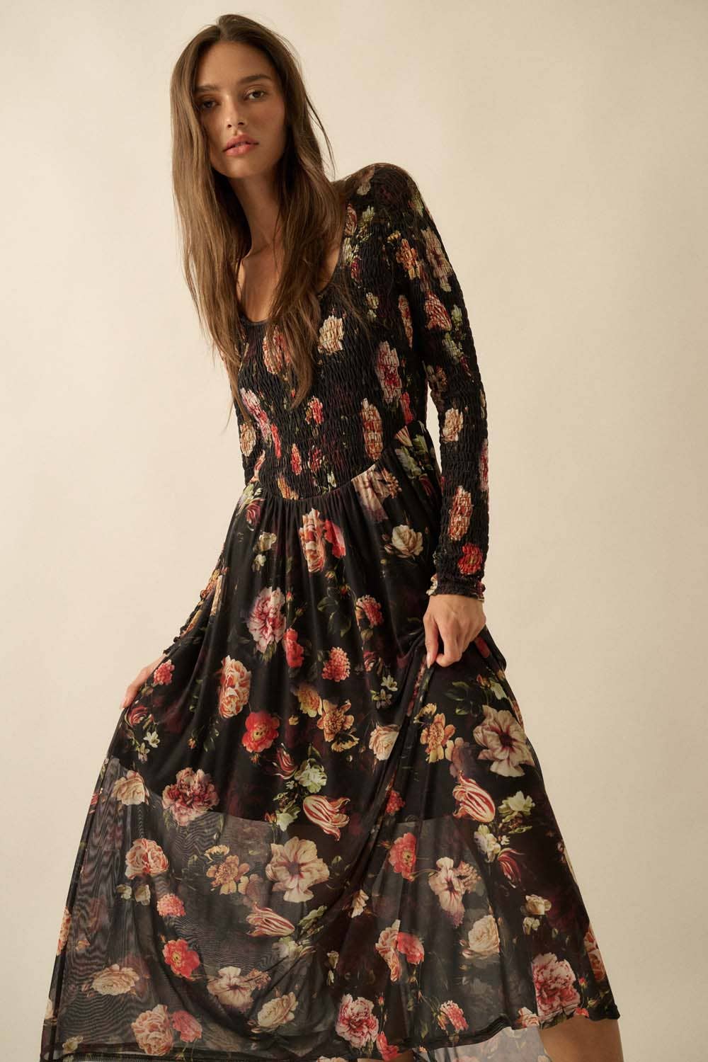 Lydia - Floral-Print Mesh Smocked Long-Sleeve Maxi Dress