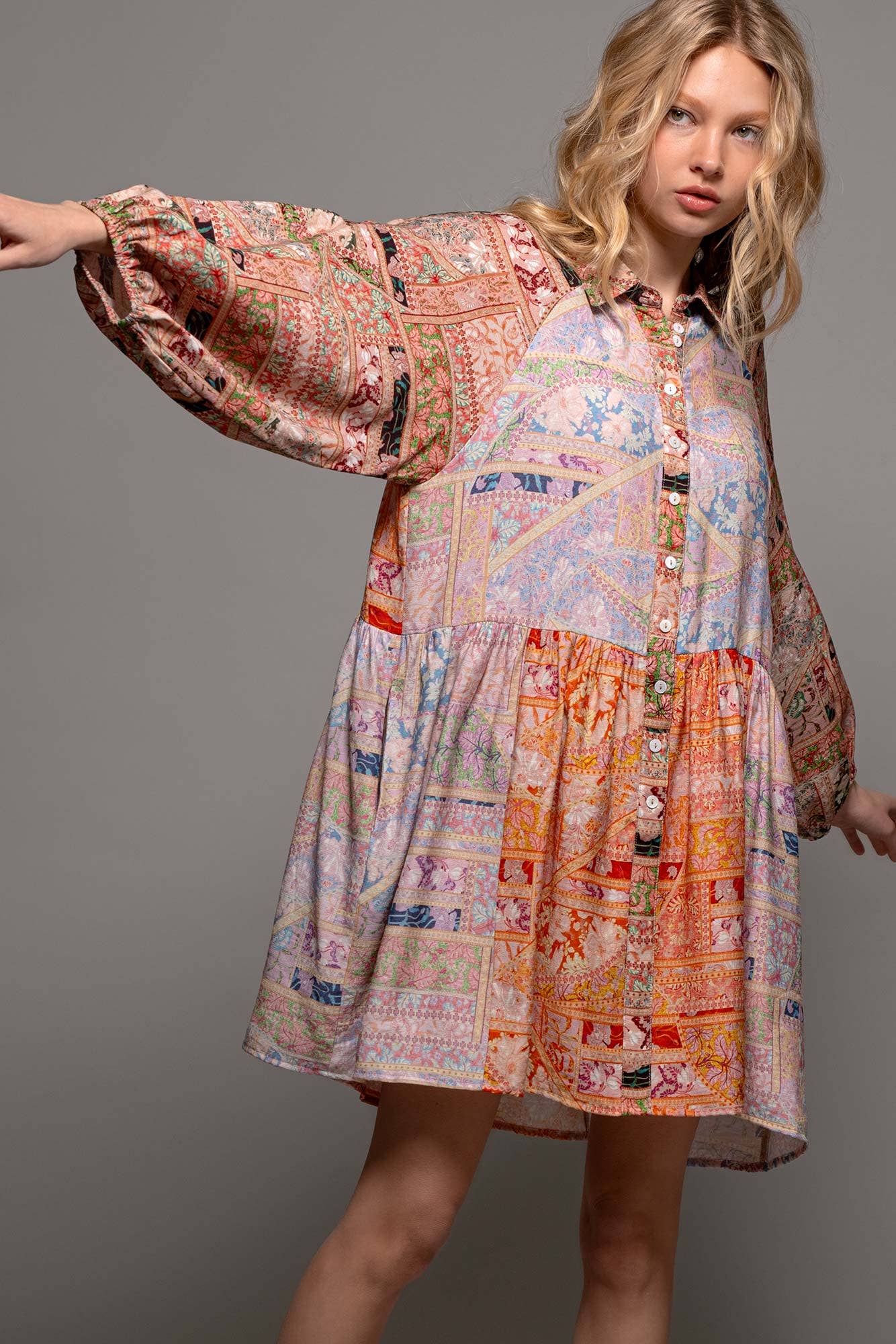Retro Bohemian Button Down Balloon Sleeve Mini Dress