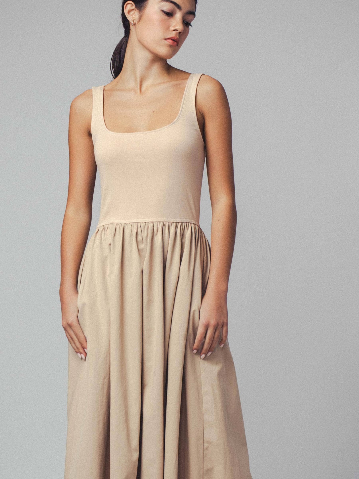 Erica - Square Neck Cotton Blend Gathered Waist Midi Dress