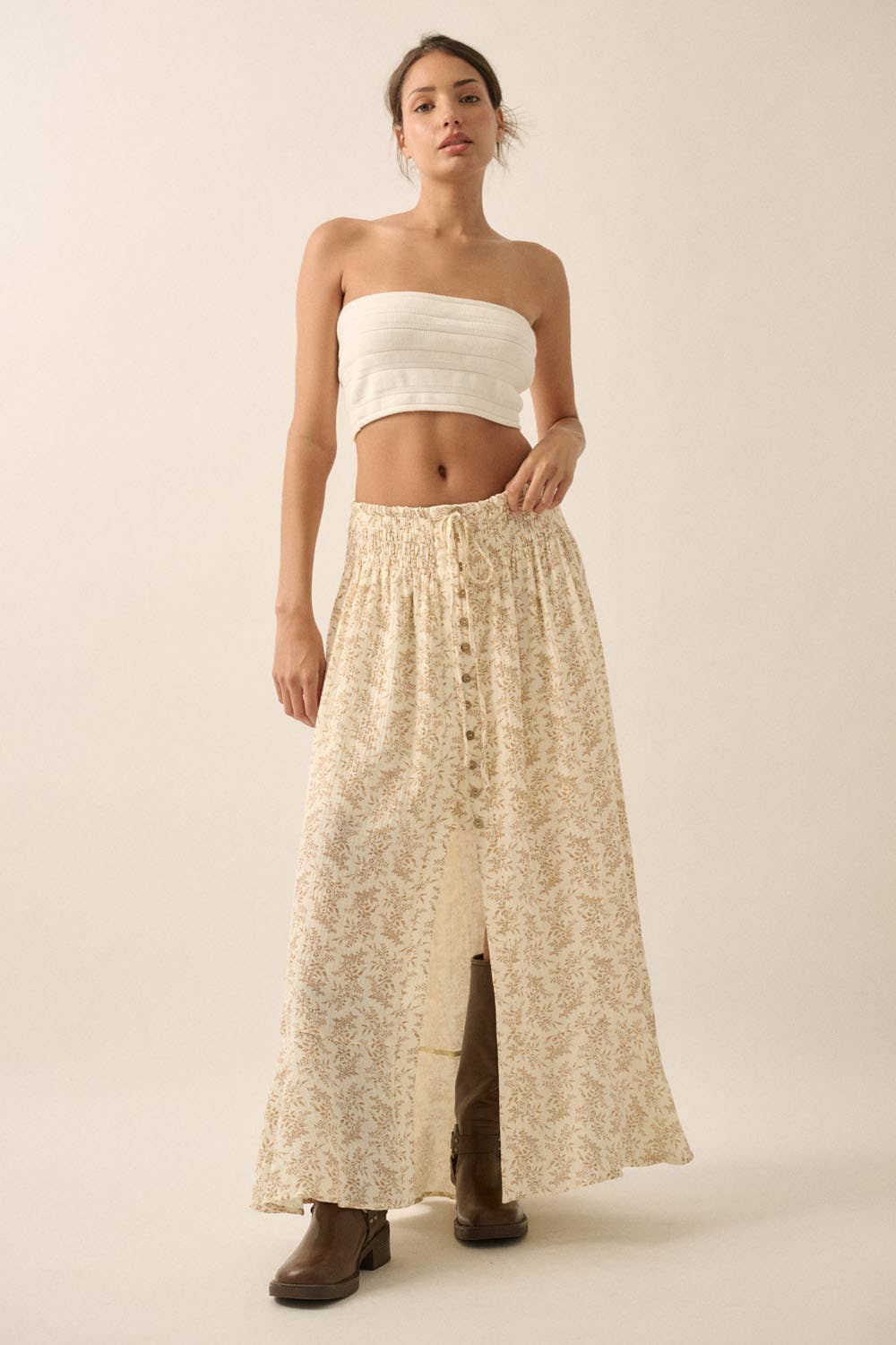 Annabelle- Floral Print Crinkle Cotton Buttoned Maxi Skirt