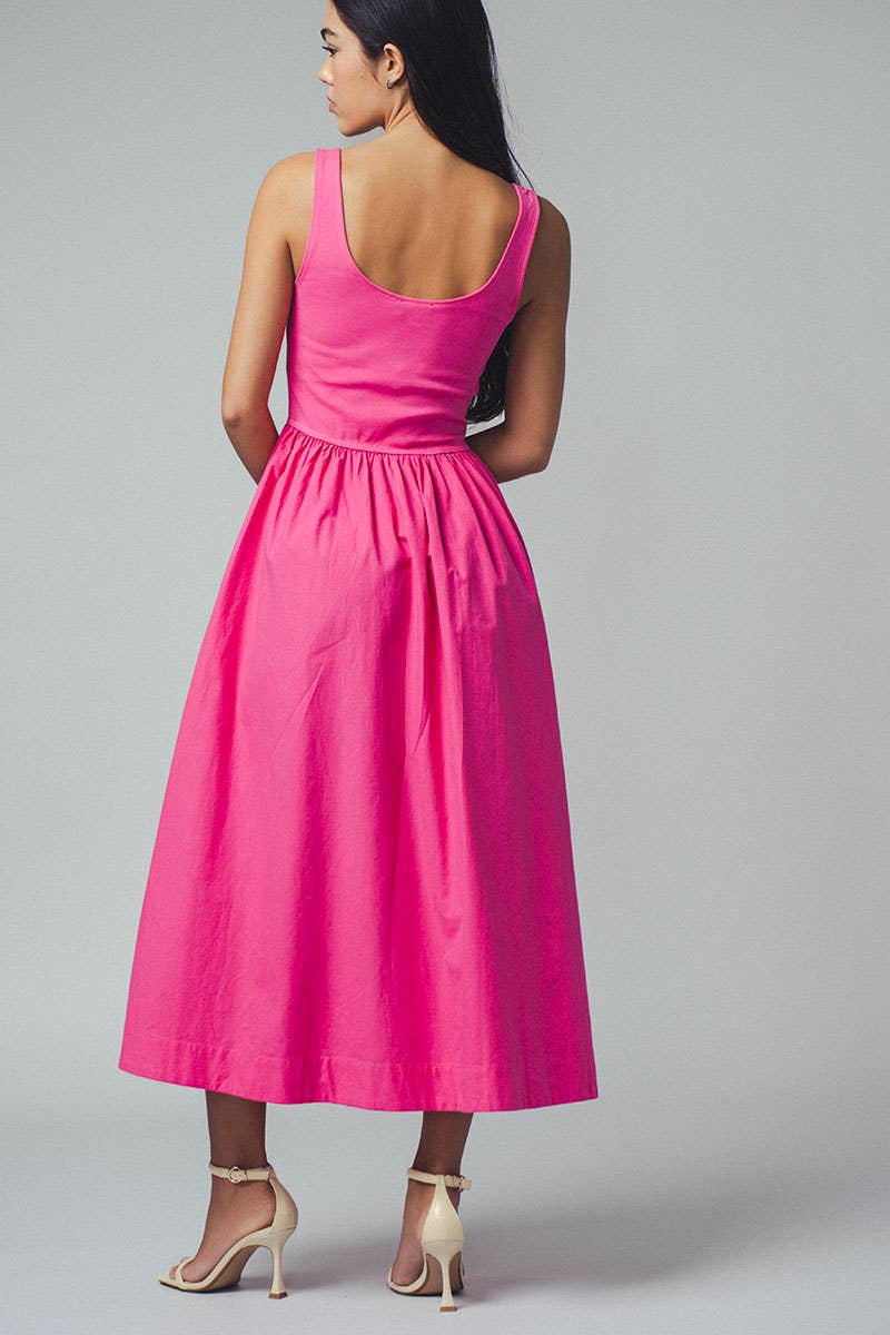 Erica - Square Neck Cotton Blend Gathered Waist Midi Dress