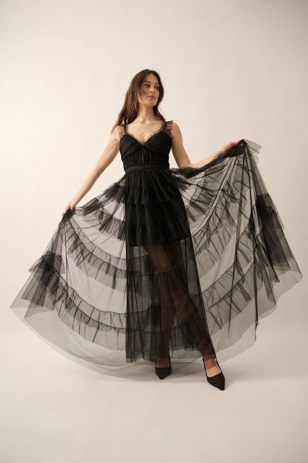 Frida - Floral Lace and Tulle Tiered Ruffle Maxi Dress