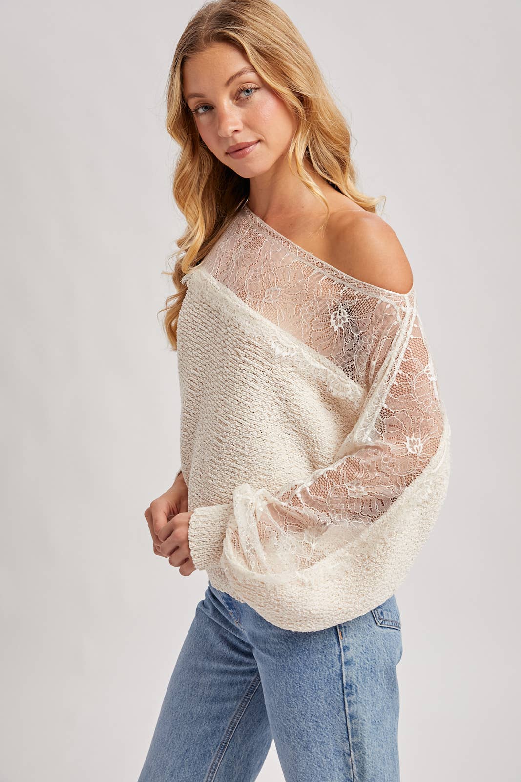Katie Boat Neck Lace Trimmed Knit Sweater Pullover